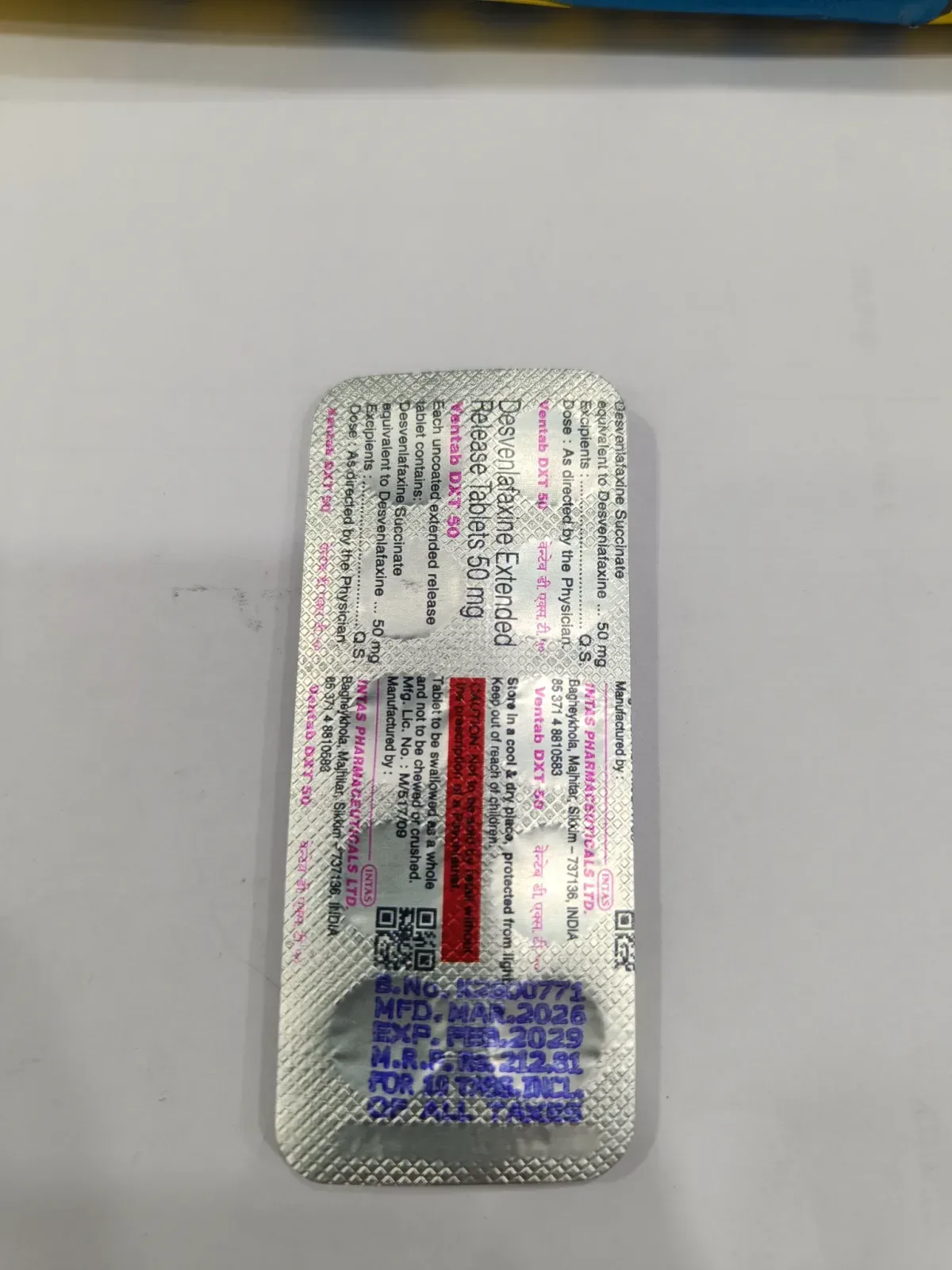 Ventab DXT 50 Desvenlafaxine ER Tablets 50 mg for Depression