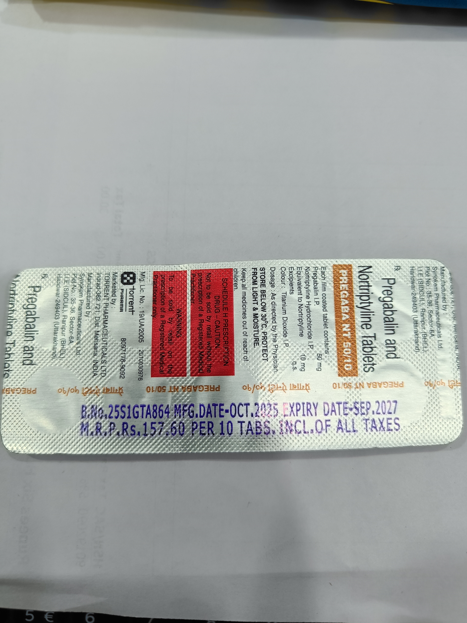 PREGABA NT 50/10 Tablets for Neuropathic Pain – 10 Tablets
