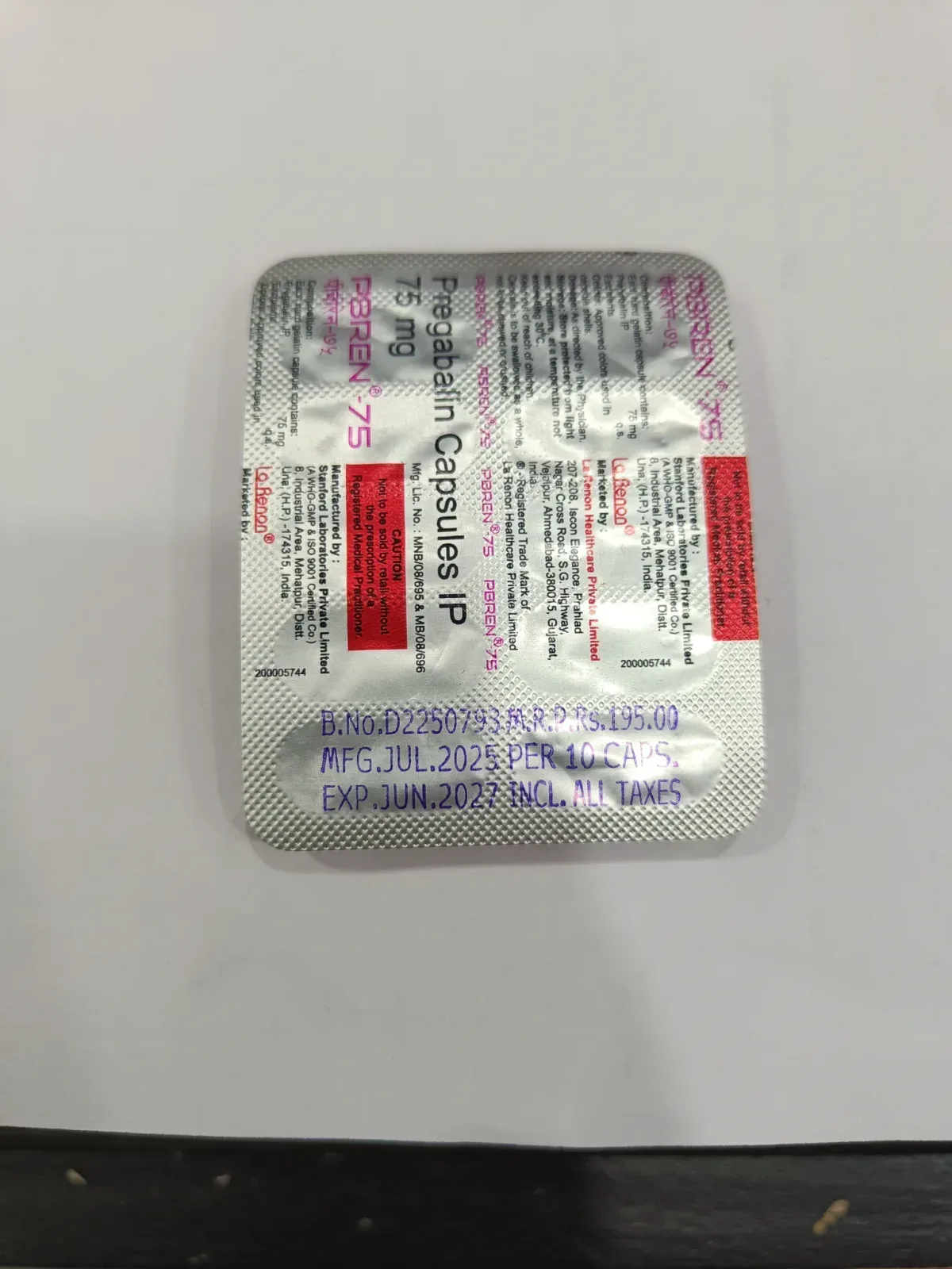 PBREN-75 Pregabalin Capsules IP 75 mg – 10 Caps