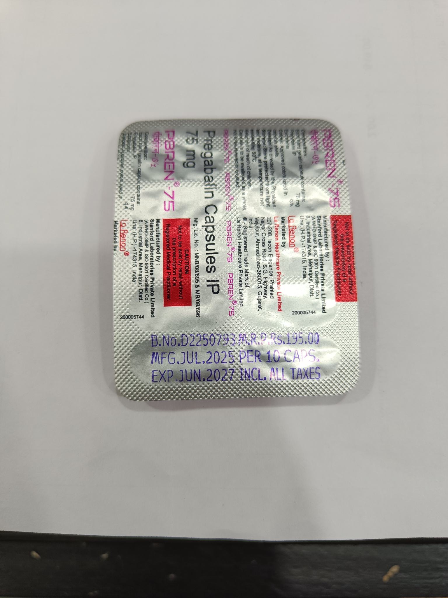 PBREN-75 Pregabalin Capsules IP 75 mg – 10 Caps