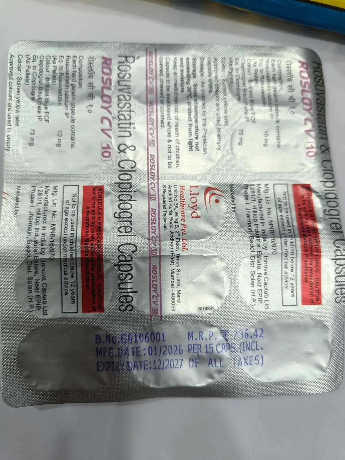 ROSLOY CV 10 Rosuvastatin 10mg & Clopidogrel 75mg Capsules