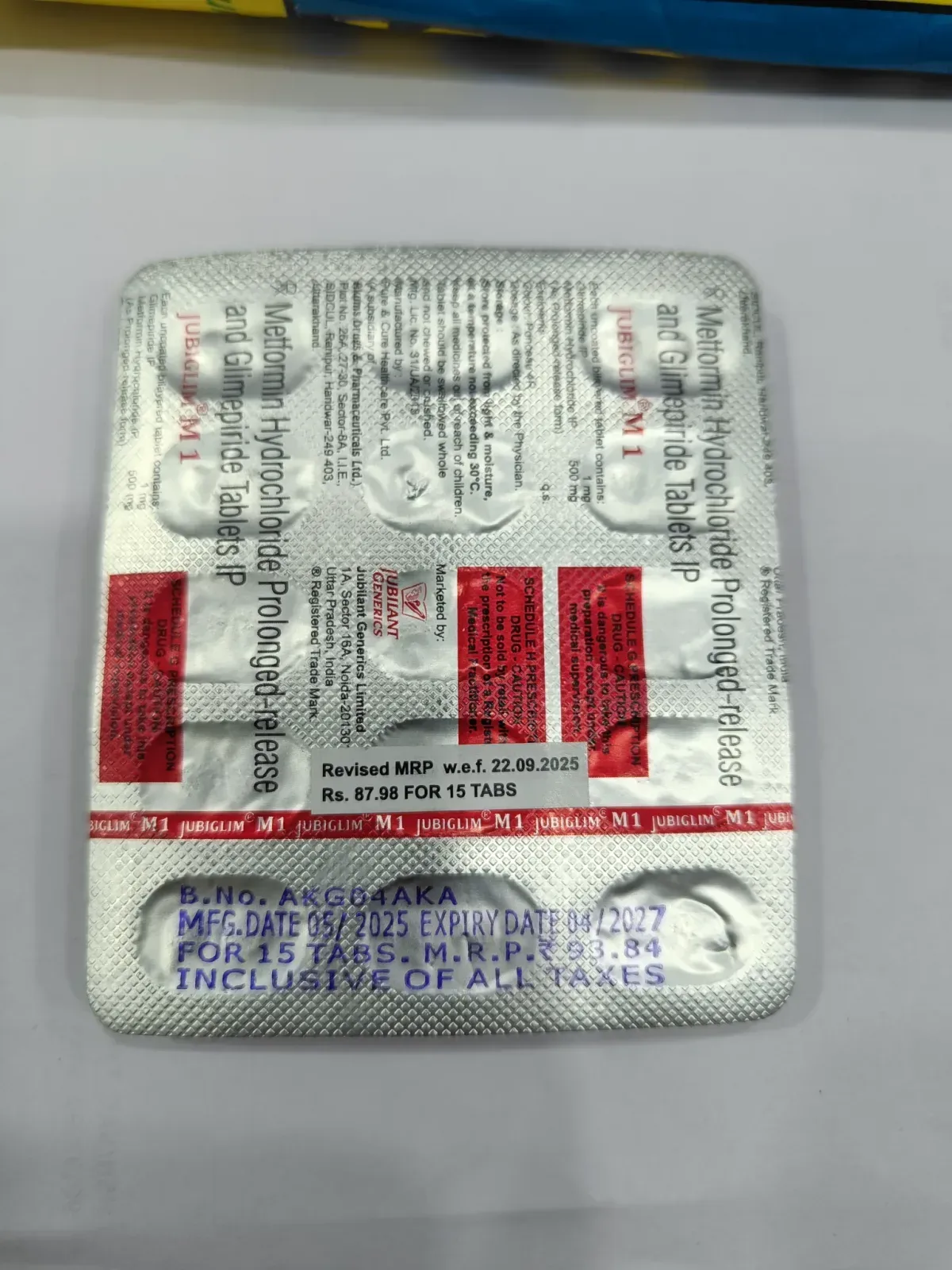 JUBIGLIM M 1 Metformin & Glimepiride Tablets IP – Prolonged-release, 15 Tabs
