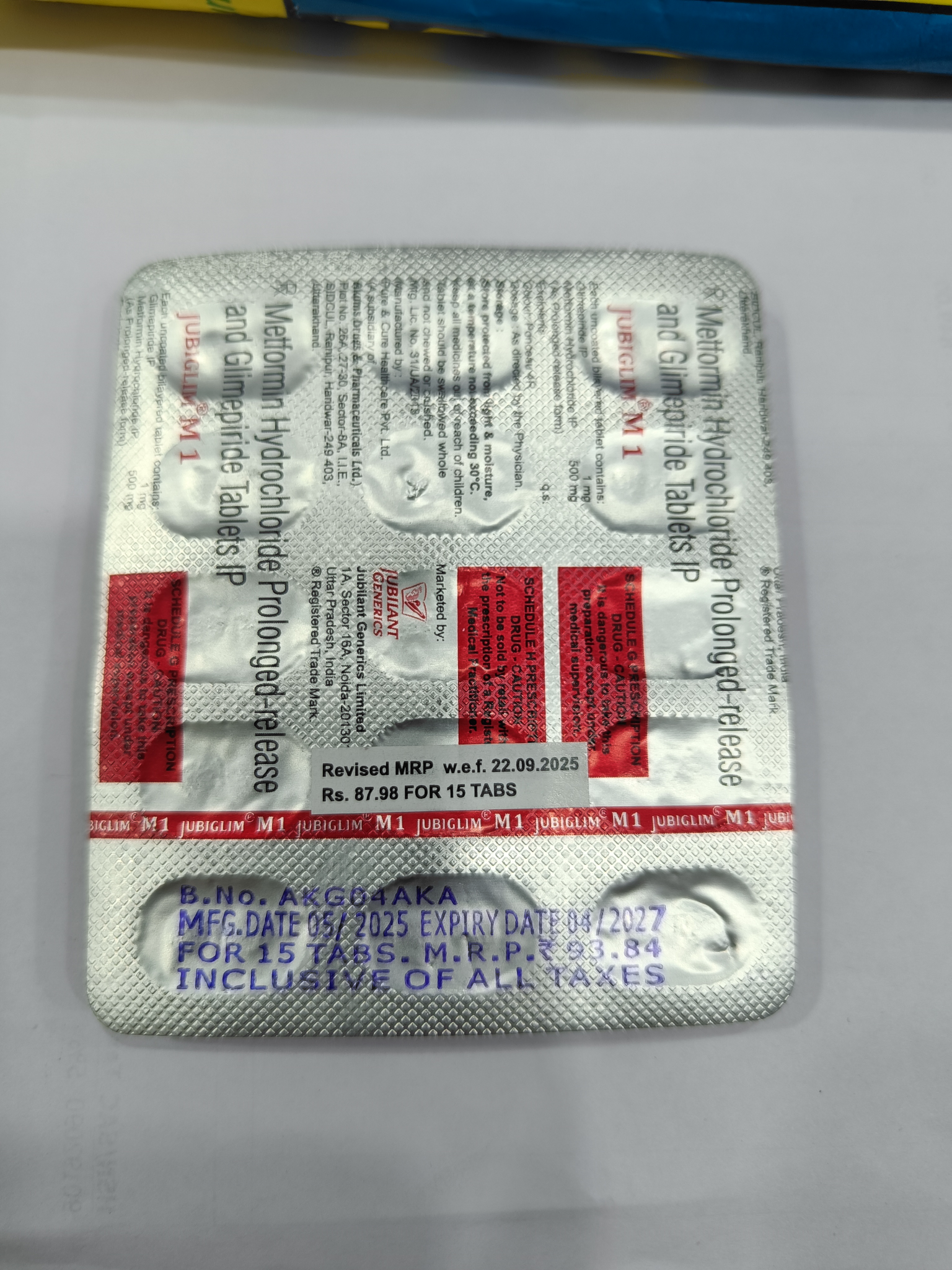 JUBIGLIM M 1 Metformin & Glimepiride Tablets IP – Prolonged-release, 15 Tabs