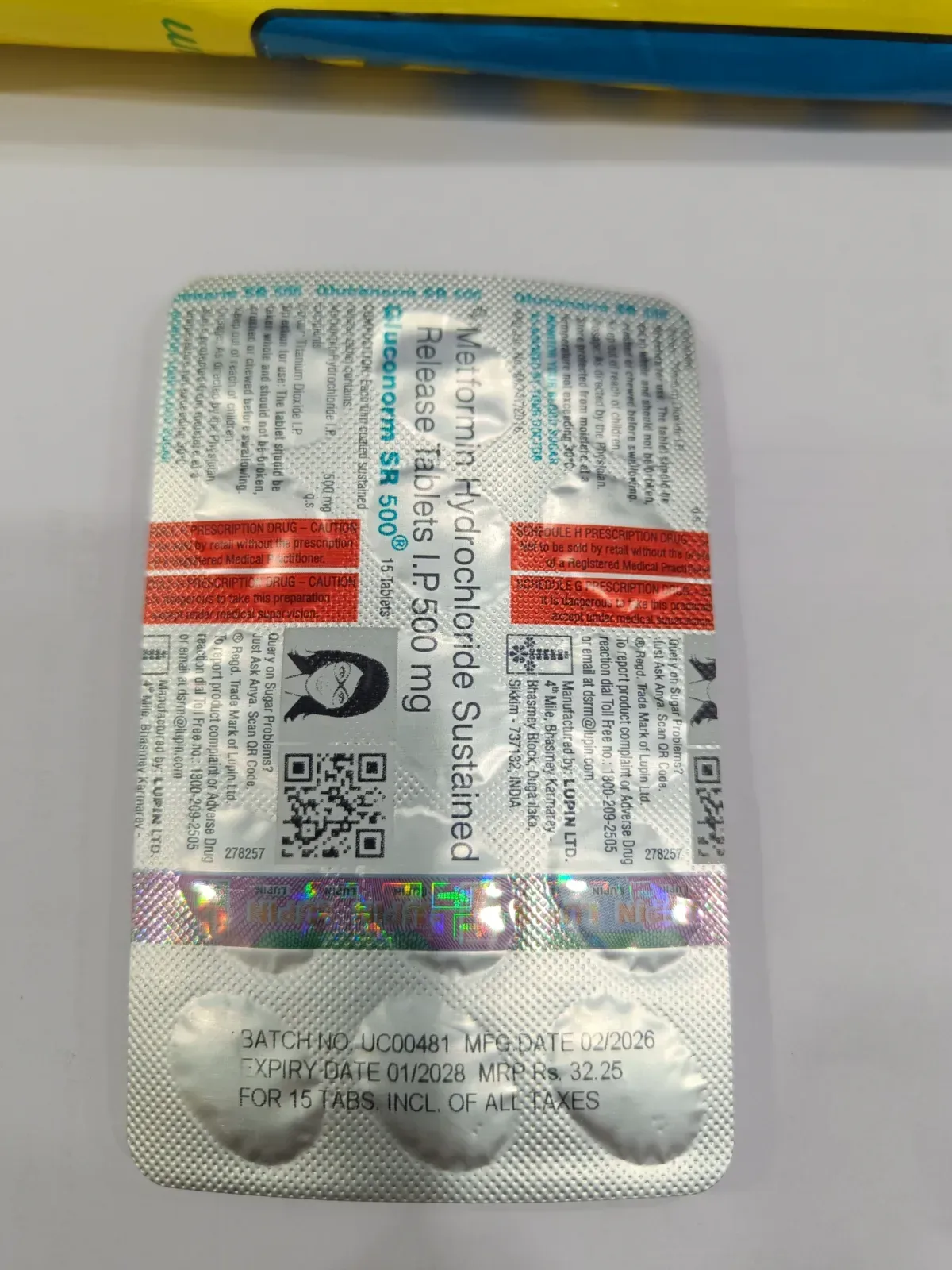 Gluconorm SR 500 Metformin Hydrochloride Sustained Release Tablets 15 Tabs