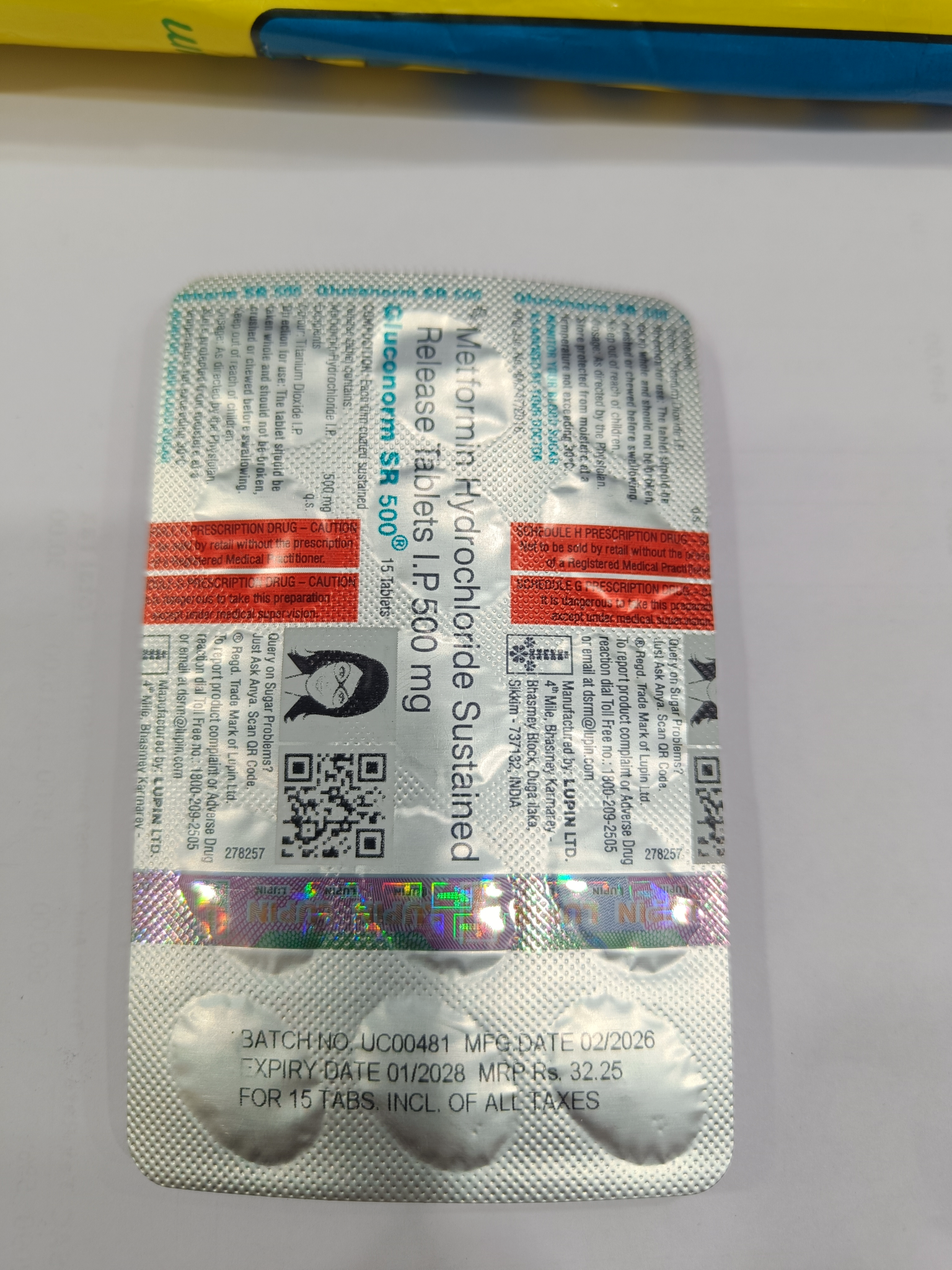 Gluconorm SR 500 Metformin Hydrochloride Sustained Release Tablets 15 Tabs