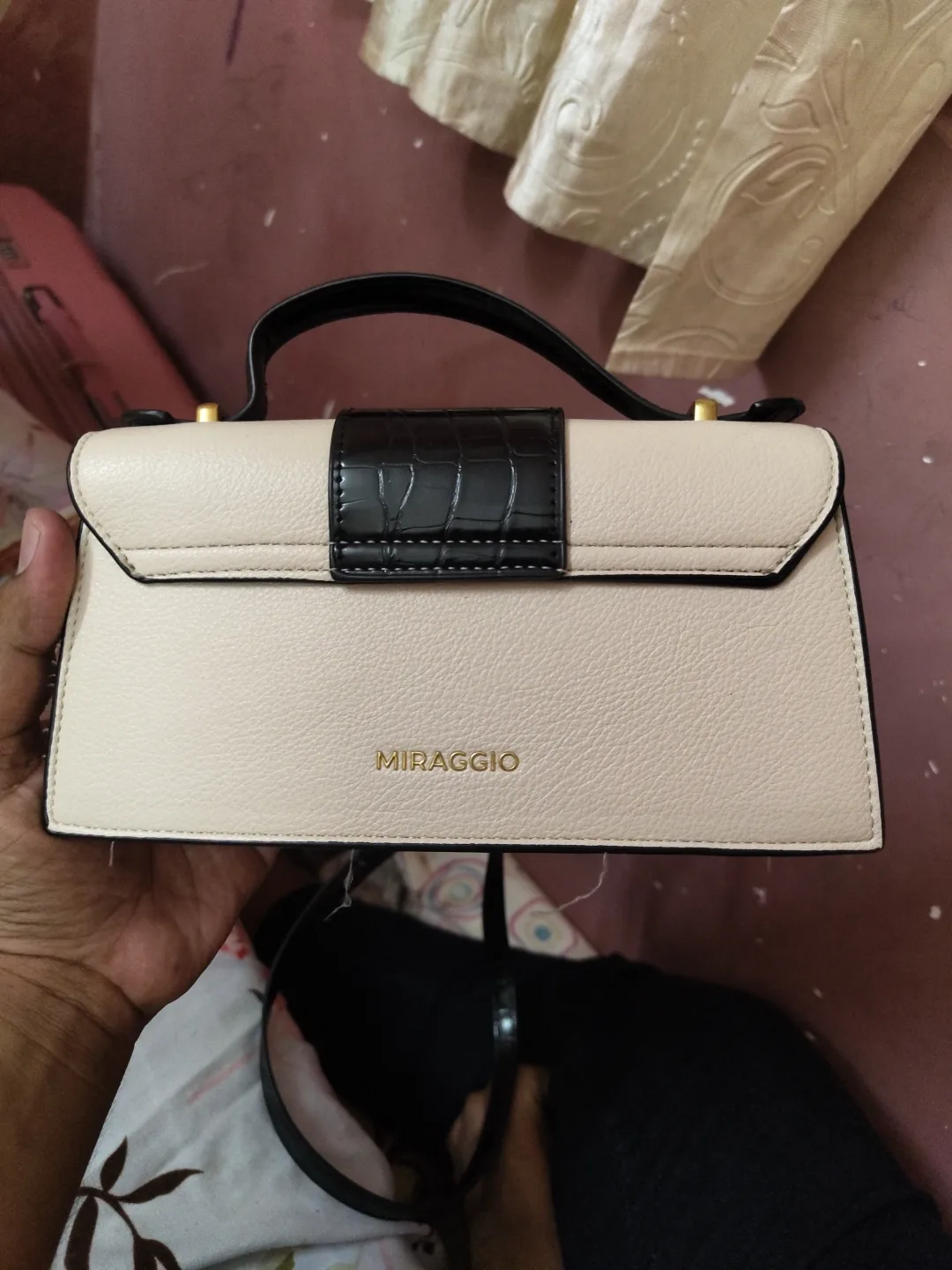 Miraggio Fleur Top Handle Bag - Beige & Black Croc Effect
