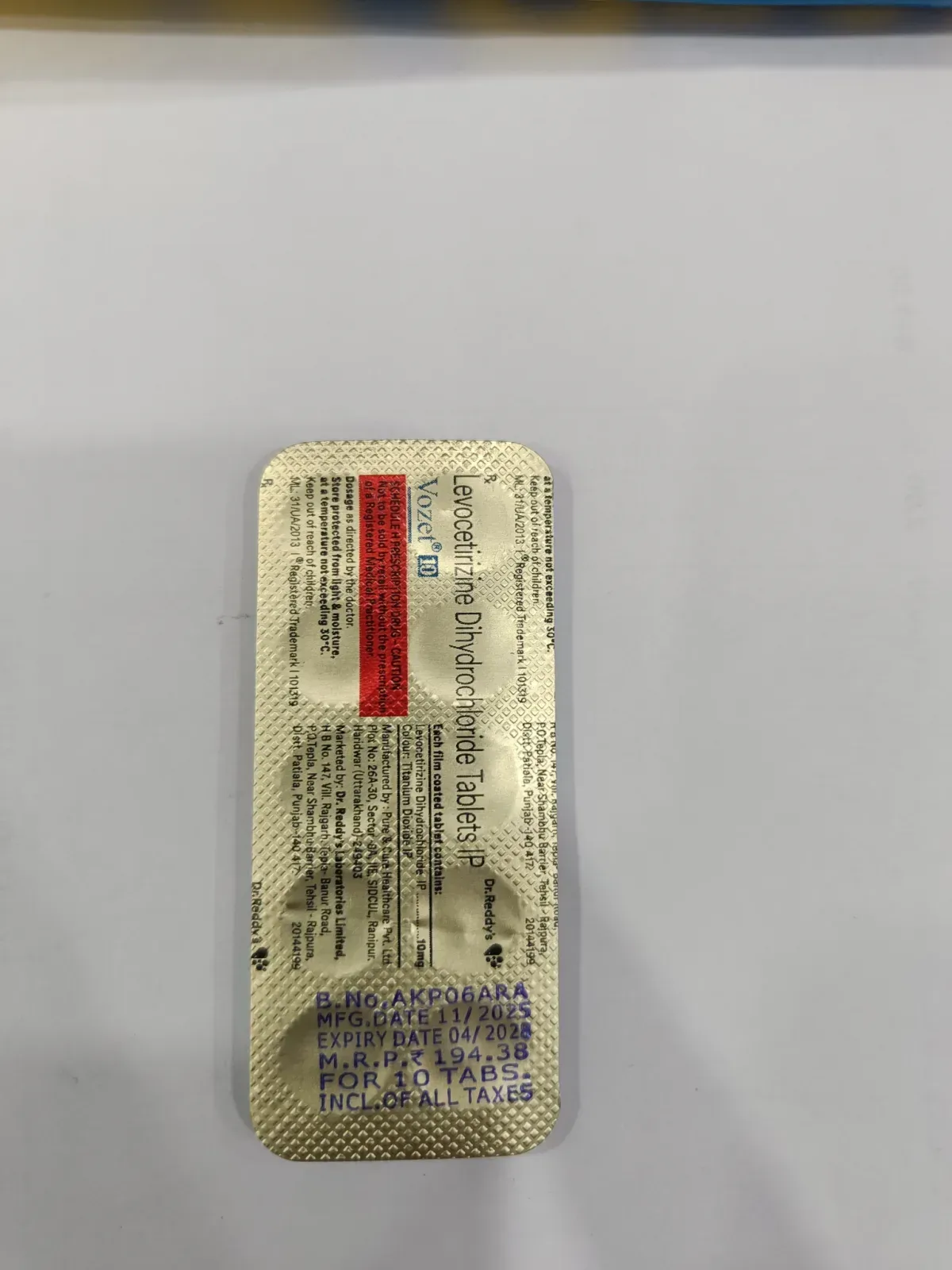  Vozet 10 Levocetirizine Dihydrochloride Tablets IP 10mg