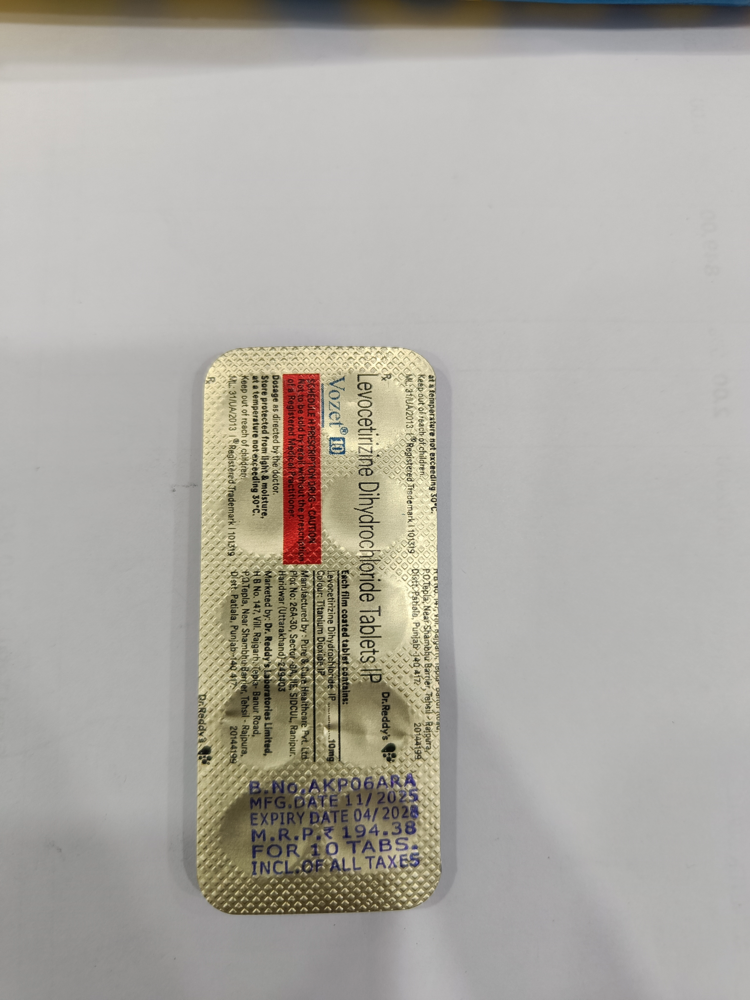  Vozet 10 Levocetirizine Dihydrochloride Tablets IP 10mg