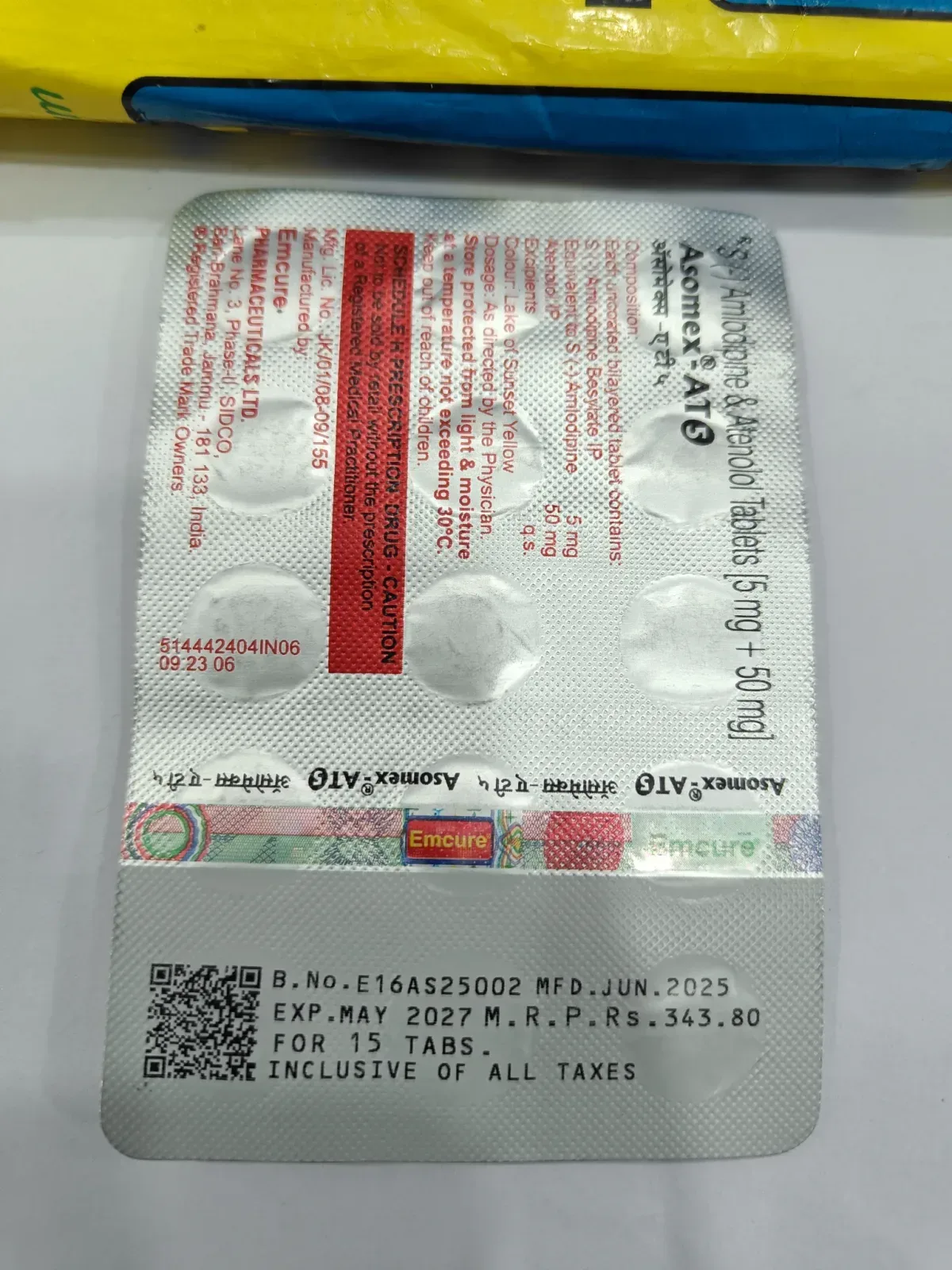 Asomex-AT5 Amlodipine & Atenolol Tablets (5mg + 50mg) for Hypertension