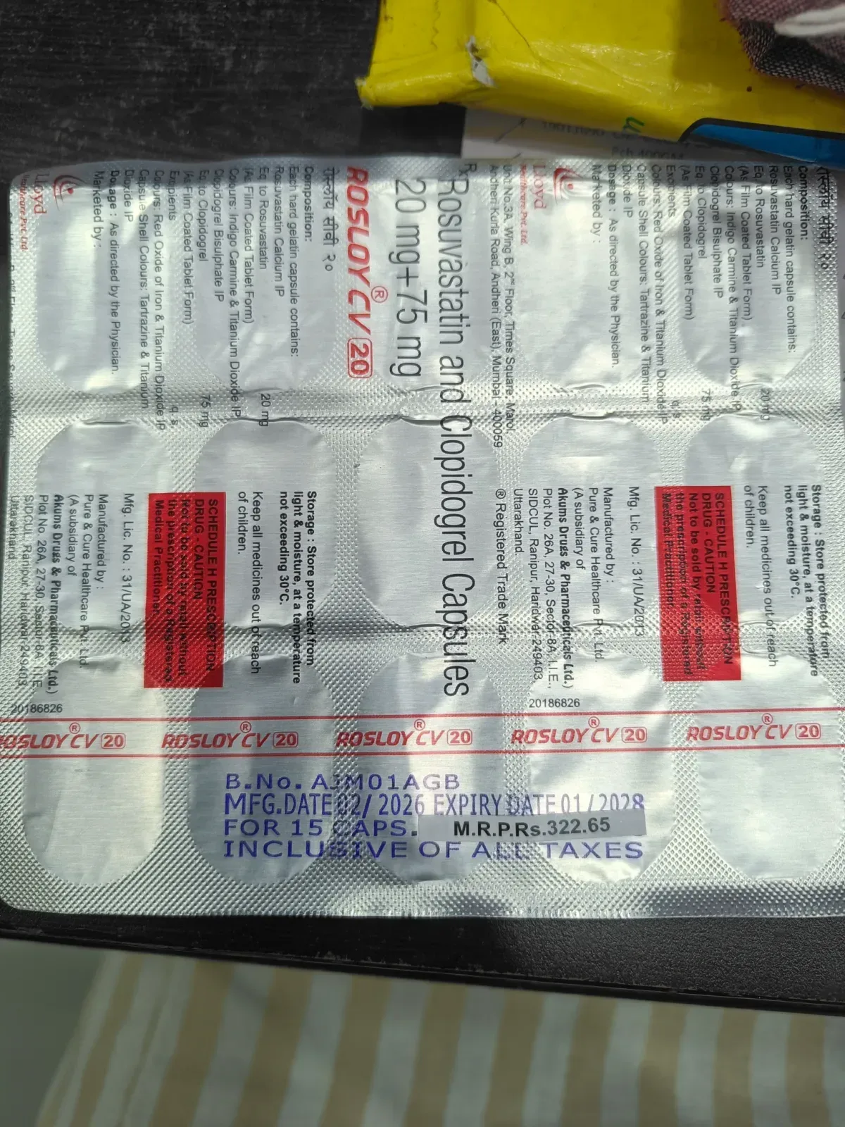 ROSLOY CV 20 Rosuvastatin & Clopidogrel Capsules 20mg+75mg (15 Caps)