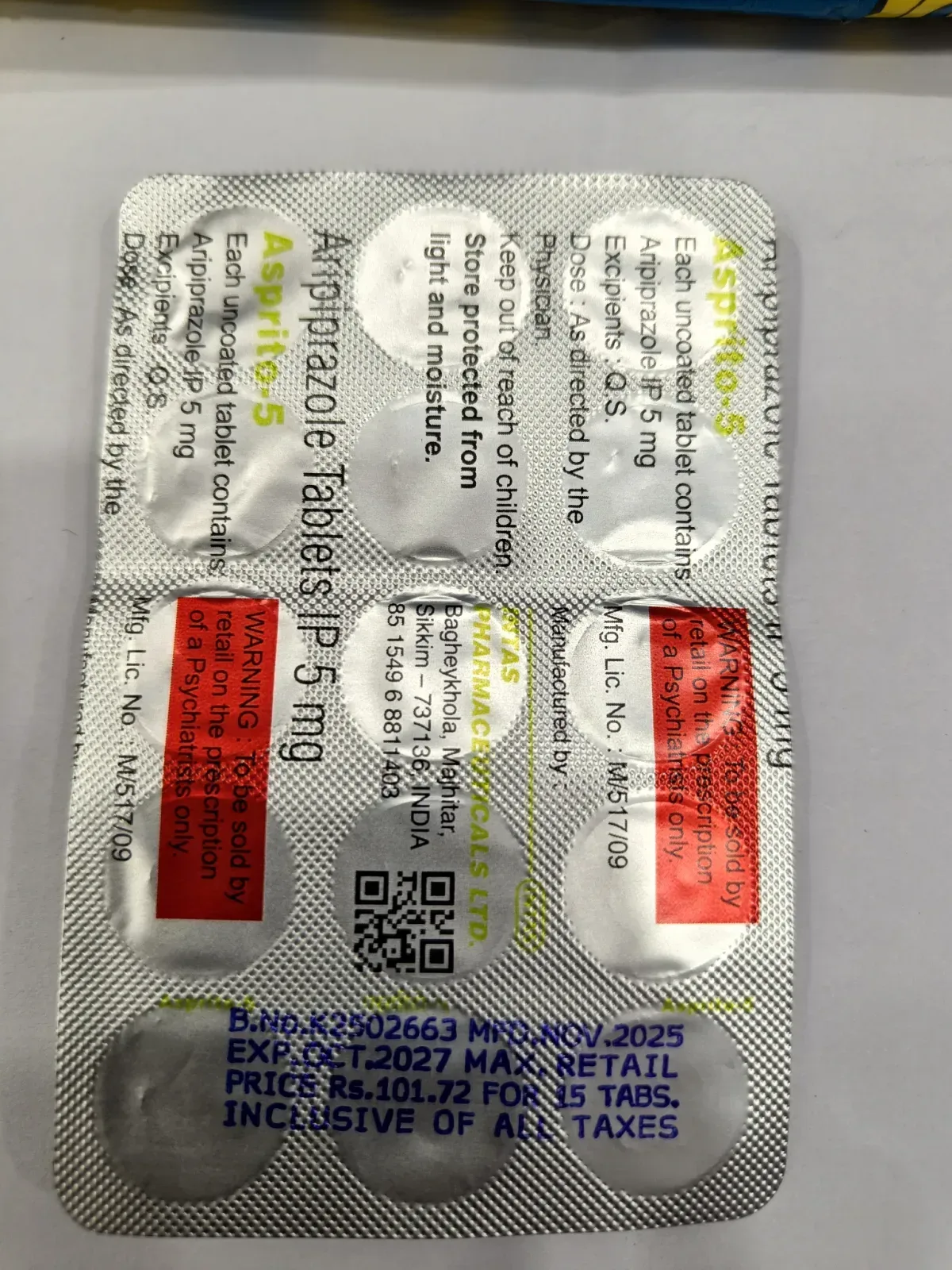 Asprito 5 MG Aripiprazole Tablets by Intas Pharma (15 Tabs)