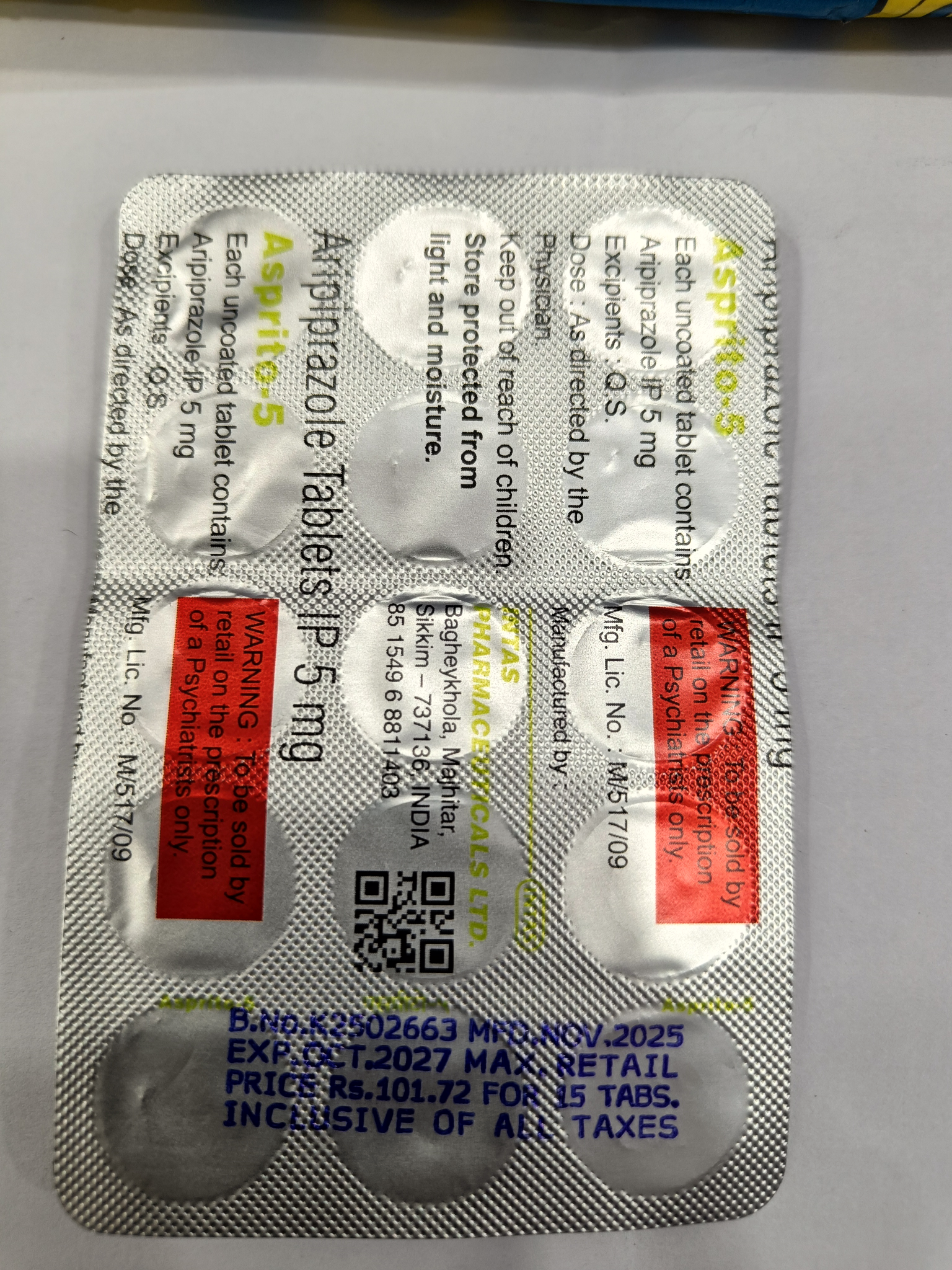 Asprito 5 MG Aripiprazole Tablets by Intas Pharma (15 Tabs)