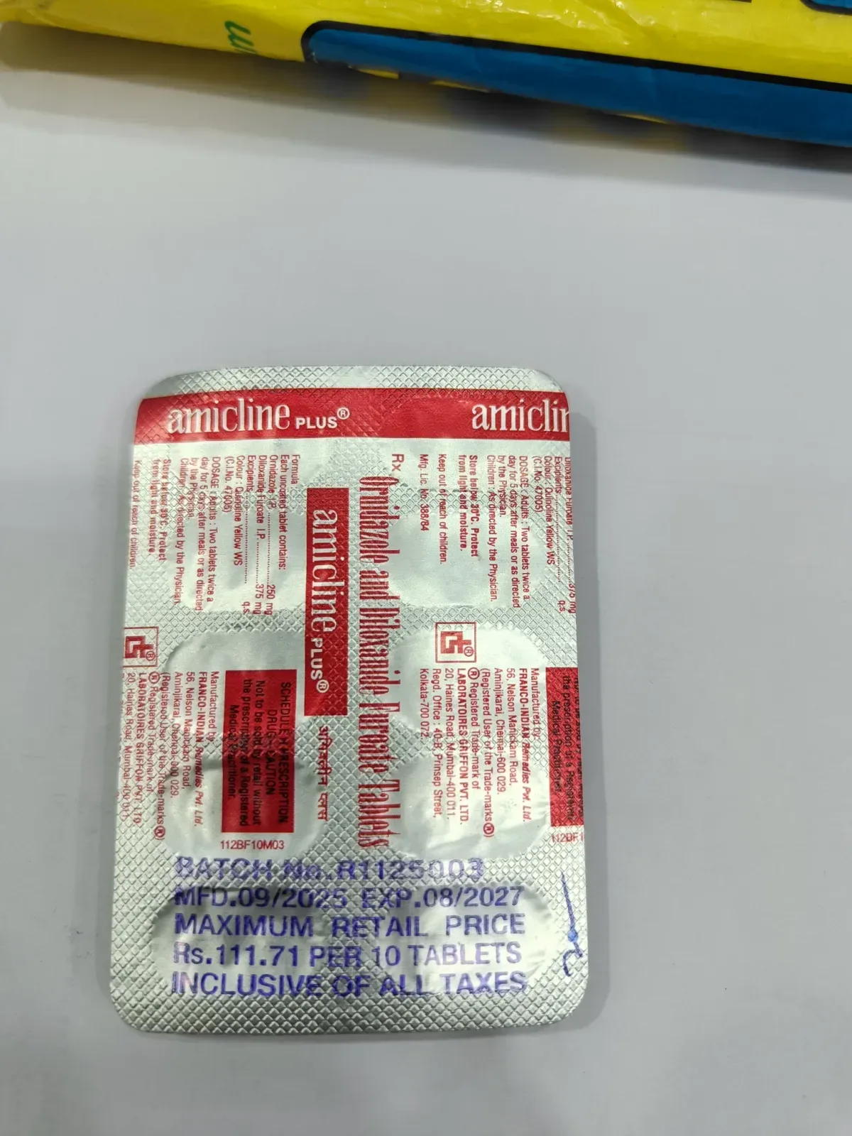 Amicline Plus Ornidazole Ofloxacin Tablets (10 Tabs)