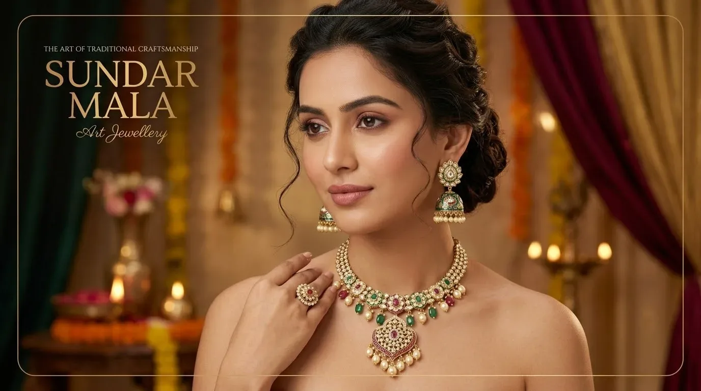 Prerto Ruby Emerald Pearl Drop Moissanite Polki Kundan Couture Necklace & Earrings Set
